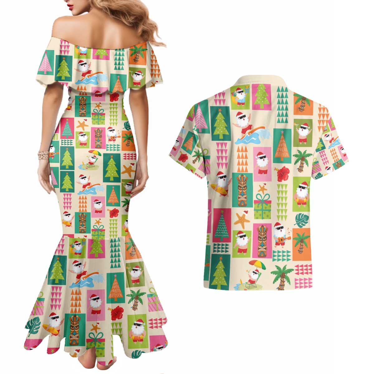 Mele Kalikimaka Hawaii Christmas Couples Matching Mermaid Dress and Hawaiian Shirt Funny Santan Hippie Style LT9 - Polynesian Pride