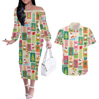 Mele Kalikimaka Hawaii Christmas Couples Matching Off The Shoulder Long Sleeve Dress and Hawaiian Shirt Funny Santan Hippie Style LT9 Beige - Polynesian Pride