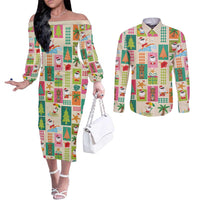 Mele Kalikimaka Hawaii Christmas Couples Matching Off The Shoulder Long Sleeve Dress and Long Sleeve Button Shirt Funny Santan Hippie Style LT9 Beige - Polynesian Pride