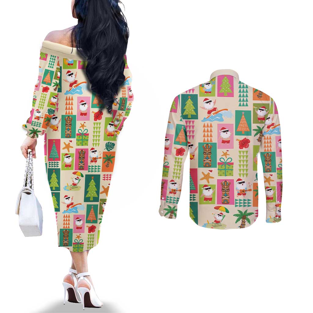 Mele Kalikimaka Hawaii Christmas Couples Matching Off The Shoulder Long Sleeve Dress and Long Sleeve Button Shirt Funny Santan Hippie Style LT9 - Polynesian Pride