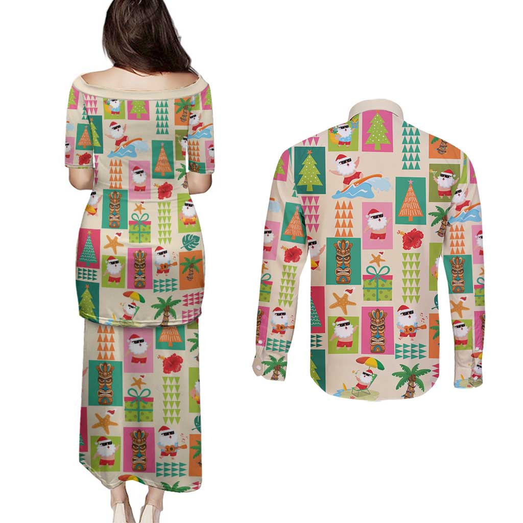 Mele Kalikimaka Hawaii Christmas Couples Matching Puletasi and Long Sleeve Button Shirt Funny Santan Hippie Style