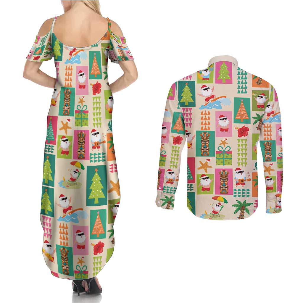Mele Kalikimaka Hawaii Christmas Couples Matching Summer Maxi Dress and Long Sleeve Button Shirt Funny Santan Hippie Style