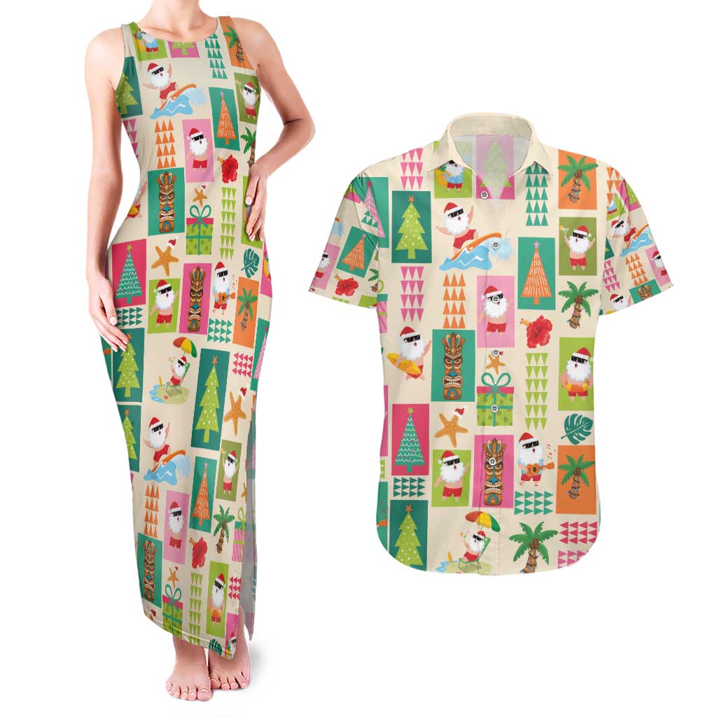 Mele Kalikimaka Hawaii Christmas Couples Matching Tank Maxi Dress and Hawaiian Shirt Funny Santan Hippie Style LT9 Beige - Polynesian Pride