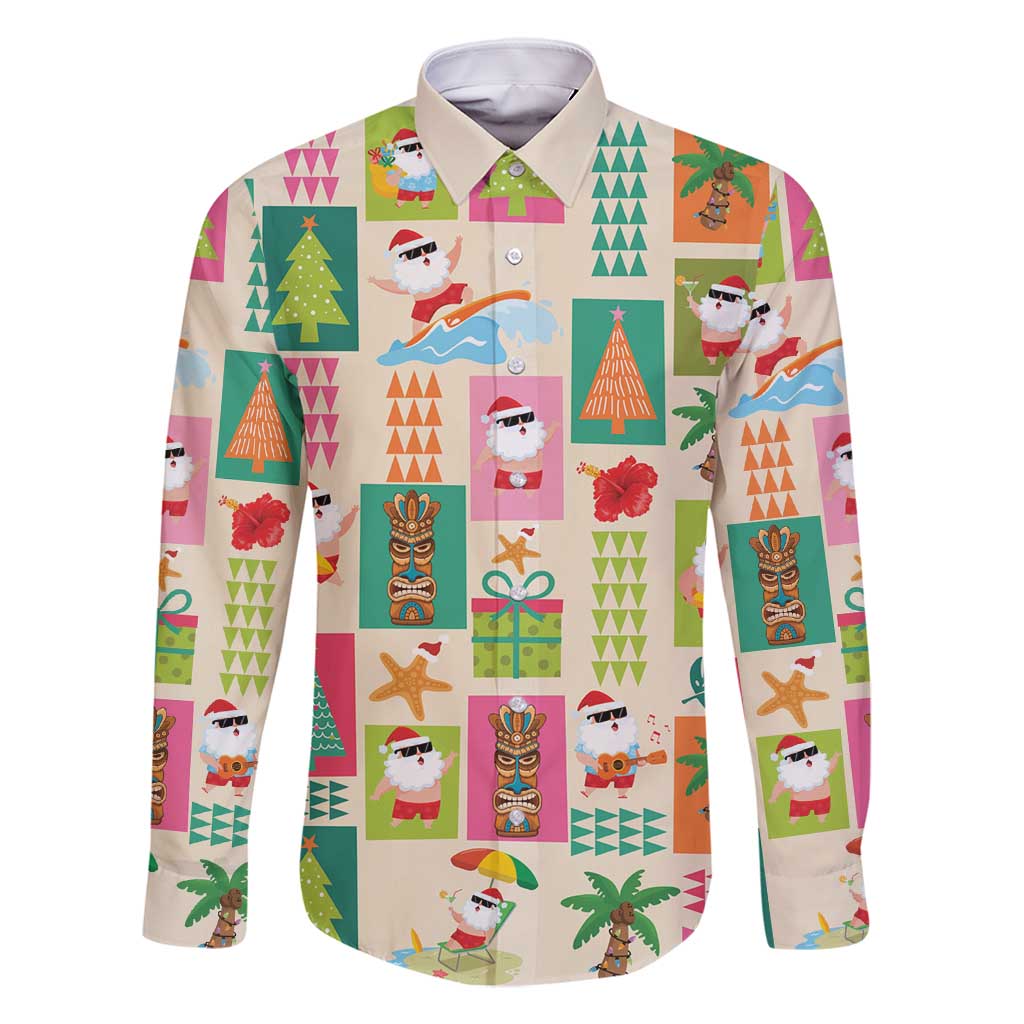 Mele Kalikimaka Hawaii Christmas Family Matching Long Sleeve Bodycon Dress and Hawaiian Shirt Funny Santan Hippie Style LT9 Dad's Shirt - Long Sleeve Beige - Polynesian Pride