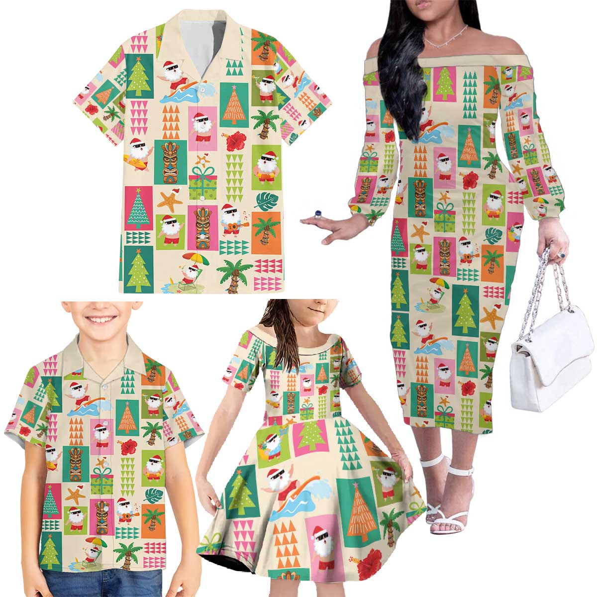 Mele Kalikimaka Hawaii Christmas Family Matching Off The Shoulder Long Sleeve Dress and Hawaiian Shirt Funny Santan Hippie Style LT9 - Polynesian Pride