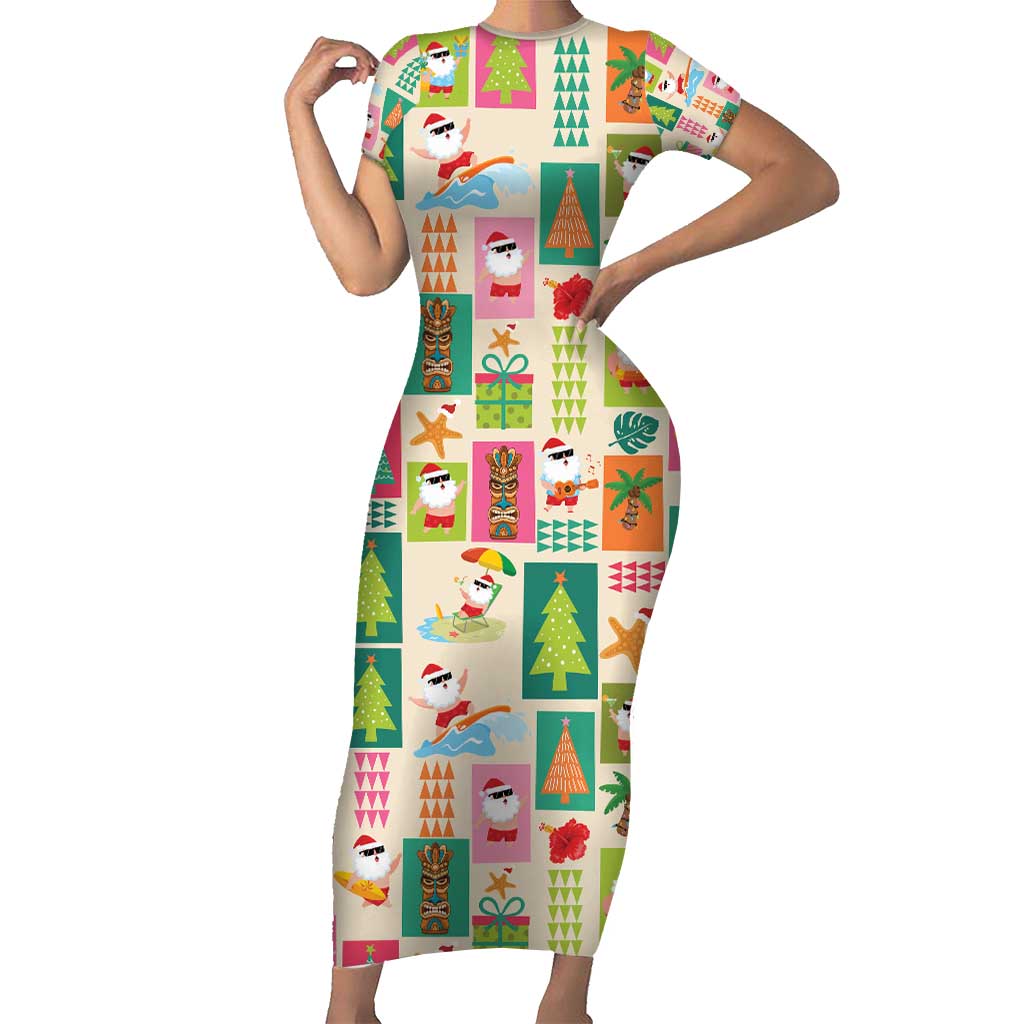 Mele Kalikimaka Hawaii Christmas Family Matching Short Sleeve Bodycon Dress and Hawaiian Shirt Funny Santan Hippie Style LT9 Mom's Dress Beige - Polynesian Pride