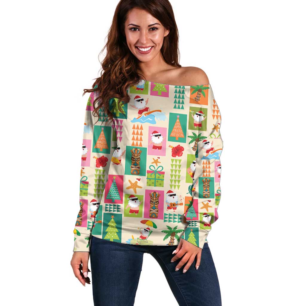 Mele Kalikimaka Hawaii Christmas Off Shoulder Sweater Funny Santan Hippie Style LT9 Women Beige - Polynesian Pride
