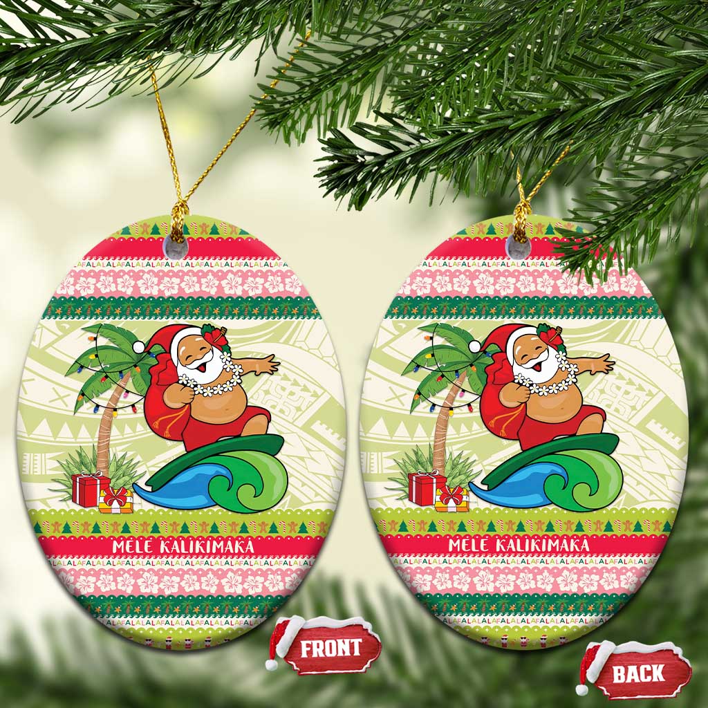 Mele Kalikimaka Hawaii Christmas Ceramic Ornament Surfing Santa with Polynesian Tribal