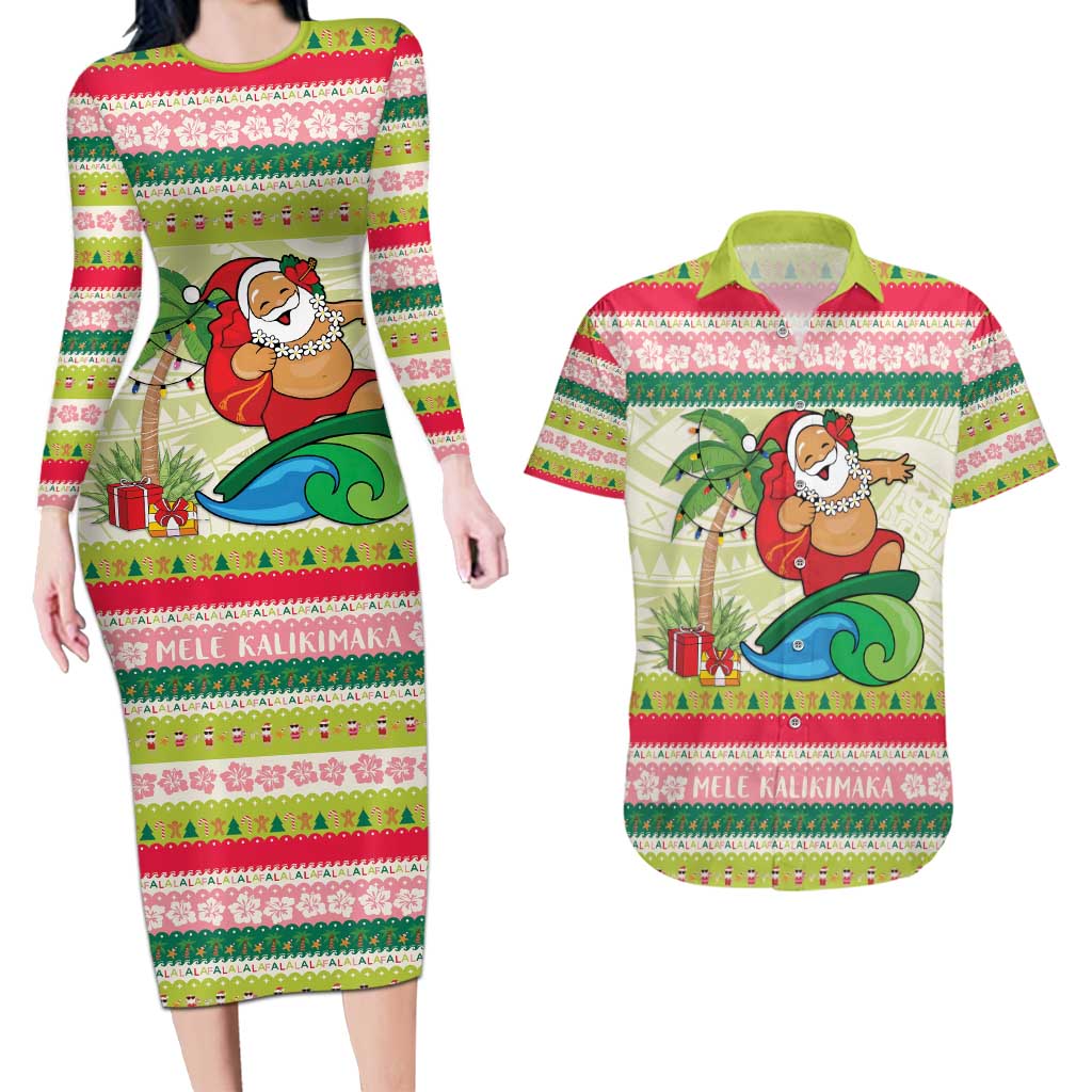 Mele Kalikimaka Hawaii Christmas Couples Matching Long Sleeve Bodycon Dress and Hawaiian Shirt Surfing Santa with Polynesian Tribal LT9 Green - Polynesian Pride