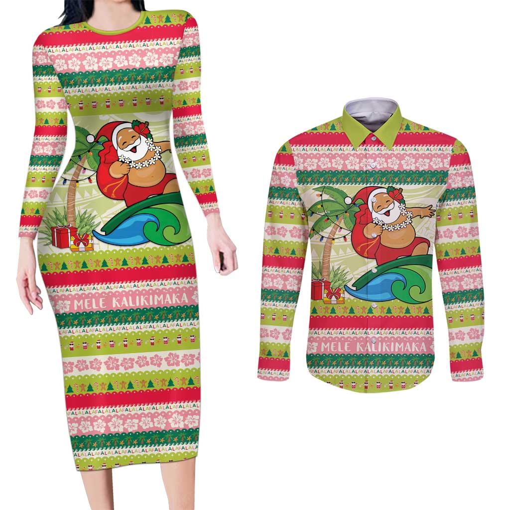 Mele Kalikimaka Hawaii Christmas Couples Matching Long Sleeve Bodycon Dress and Long Sleeve Button Shirt Surfing Santa with Polynesian Tribal LT9 Green - Polynesian Pride