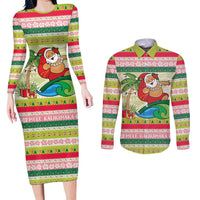 Mele Kalikimaka Hawaii Christmas Couples Matching Long Sleeve Bodycon Dress and Long Sleeve Button Shirt Surfing Santa with Polynesian Tribal LT9 Green - Polynesian Pride
