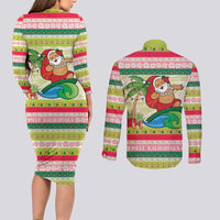 Mele Kalikimaka Hawaii Christmas Couples Matching Long Sleeve Bodycon Dress and Long Sleeve Button Shirt Surfing Santa with Polynesian Tribal LT9 - Polynesian Pride