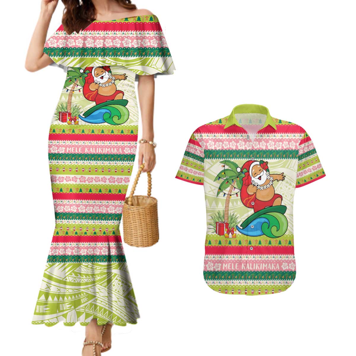 Mele Kalikimaka Hawaii Christmas Couples Matching Mermaid Dress and Hawaiian Shirt Surfing Santa with Polynesian Tribal LT9 Green - Polynesian Pride