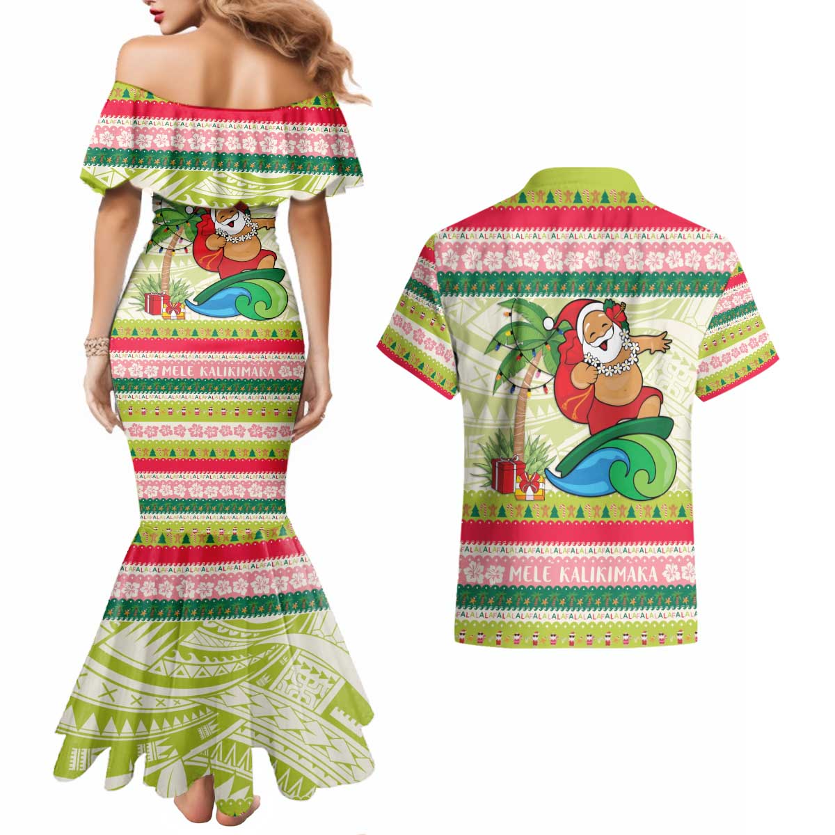 Mele Kalikimaka Hawaii Christmas Couples Matching Mermaid Dress and Hawaiian Shirt Surfing Santa with Polynesian Tribal LT9 - Polynesian Pride