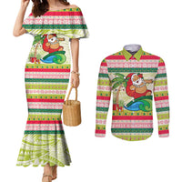 Mele Kalikimaka Hawaii Christmas Couples Matching Mermaid Dress and Long Sleeve Button Shirt Surfing Santa with Polynesian Tribal LT9 Green - Polynesian Pride