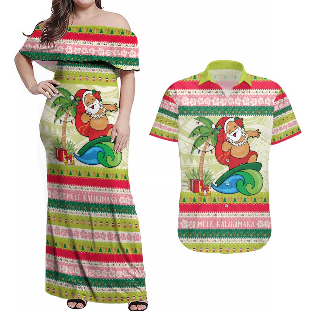 Mele Kalikimaka Hawaii Christmas Couples Matching Off Shoulder Maxi Dress and Hawaiian Shirt Surfing Santa with Polynesian Tribal LT9 Green - Polynesian Pride
