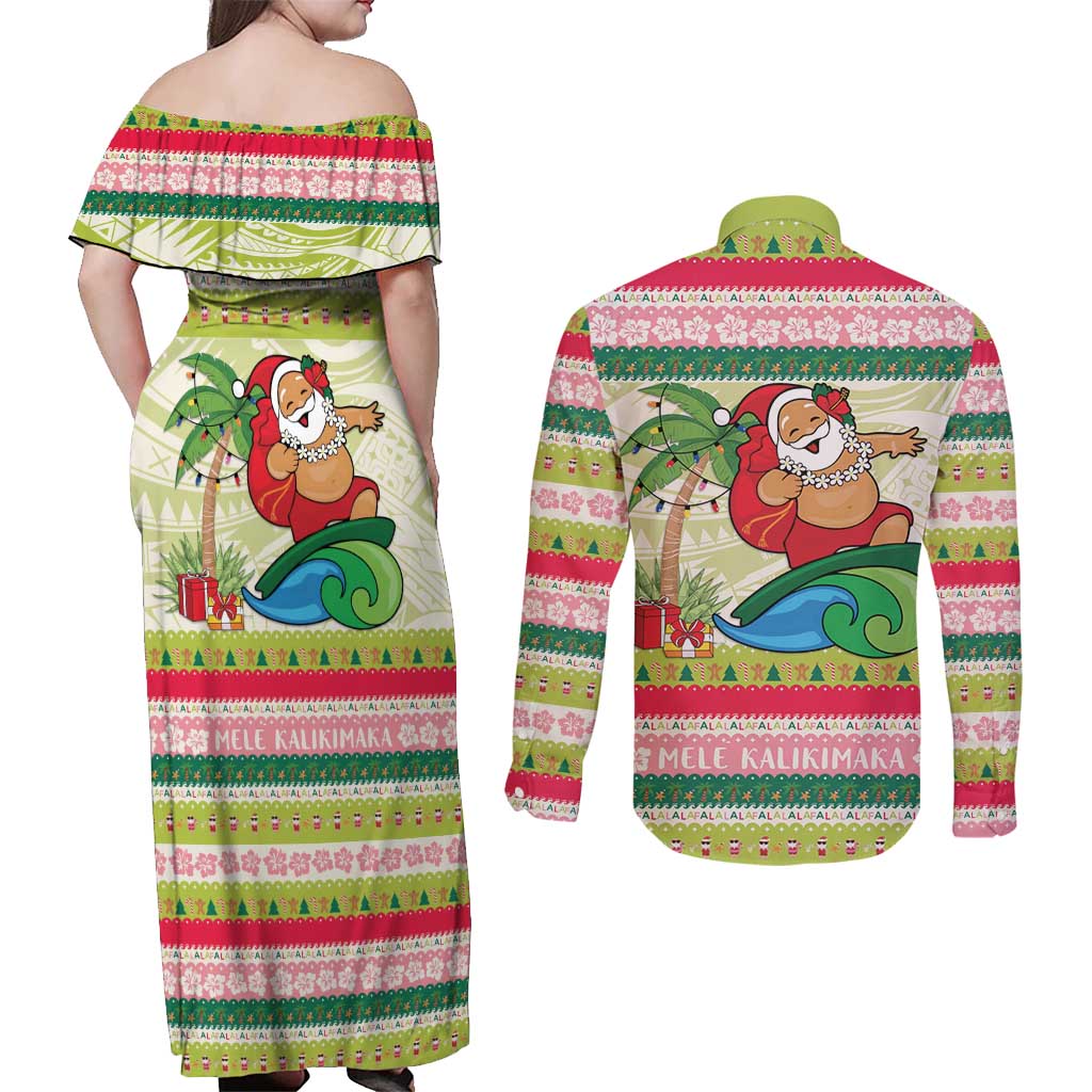 Mele Kalikimaka Hawaii Christmas Couples Matching Off Shoulder Maxi Dress and Long Sleeve Button Shirt Surfing Santa with Polynesian Tribal LT9 - Polynesian Pride