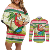 Mele Kalikimaka Hawaii Christmas Couples Matching Off Shoulder Short Dress and Long Sleeve Button Shirt Surfing Santa with Polynesian Tribal LT9 Green - Polynesian Pride