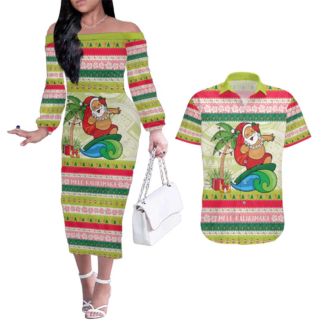 Mele Kalikimaka Hawaii Christmas Couples Matching Off The Shoulder Long Sleeve Dress and Hawaiian Shirt Surfing Santa with Polynesian Tribal LT9 Green - Polynesian Pride