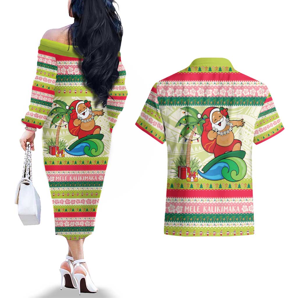 Mele Kalikimaka Hawaii Christmas Couples Matching Off The Shoulder Long Sleeve Dress and Hawaiian Shirt Surfing Santa with Polynesian Tribal LT9 - Polynesian Pride