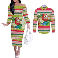 Mele Kalikimaka Hawaii Christmas Couples Matching Off The Shoulder Long Sleeve Dress and Long Sleeve Button Shirt Surfing Santa with Polynesian Tribal LT9 Green - Polynesian Pride