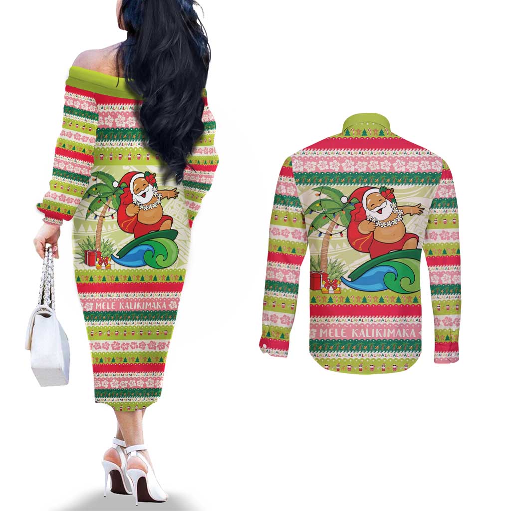 Mele Kalikimaka Hawaii Christmas Couples Matching Off The Shoulder Long Sleeve Dress and Long Sleeve Button Shirt Surfing Santa with Polynesian Tribal LT9 - Polynesian Pride