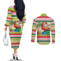 Mele Kalikimaka Hawaii Christmas Couples Matching Off The Shoulder Long Sleeve Dress and Long Sleeve Button Shirt Surfing Santa with Polynesian Tribal LT9 - Polynesian Pride