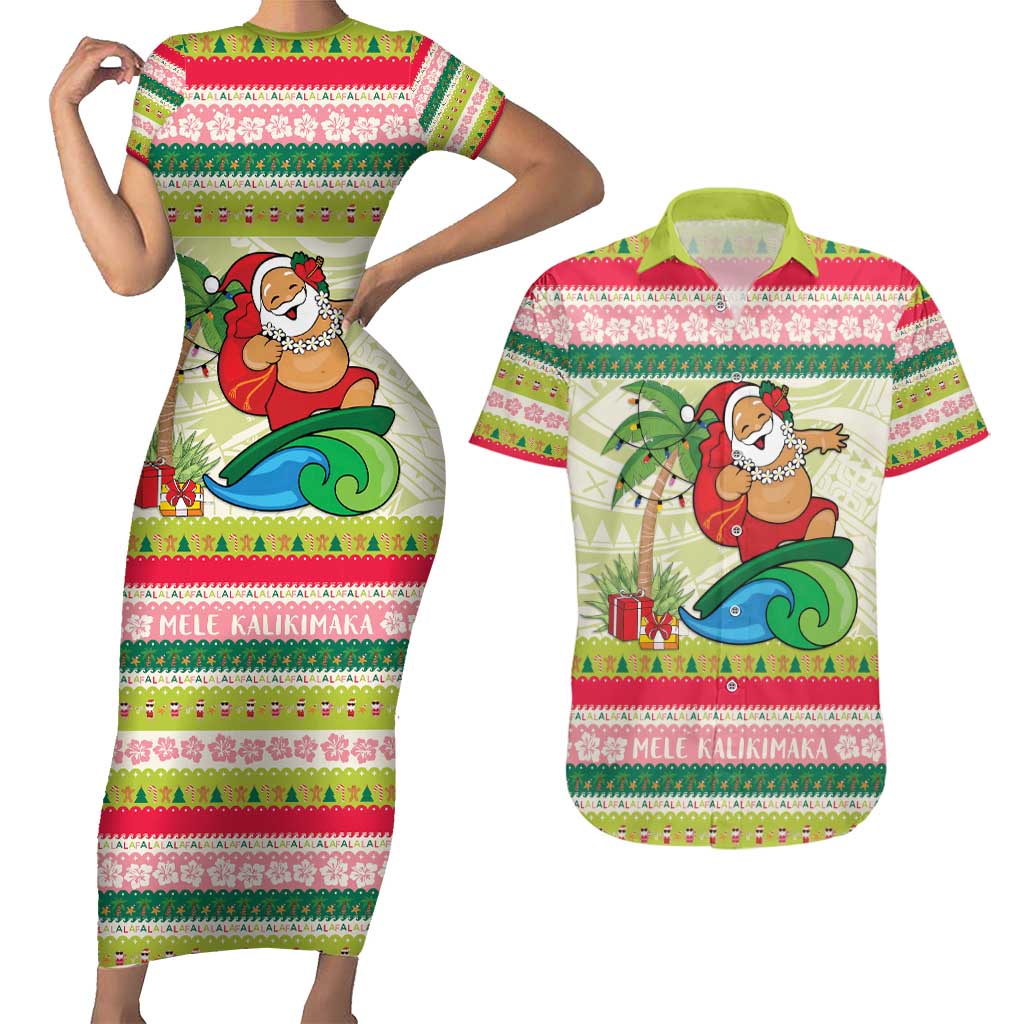 Mele Kalikimaka Hawaii Christmas Couples Matching Short Sleeve Bodycon Dress and Hawaiian Shirt Surfing Santa with Polynesian Tribal LT9 Green - Polynesian Pride