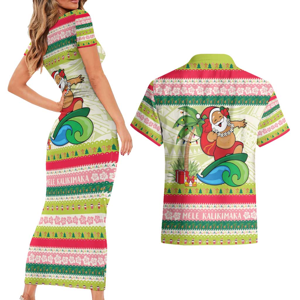 Mele Kalikimaka Hawaii Christmas Couples Matching Short Sleeve Bodycon Dress and Hawaiian Shirt Surfing Santa with Polynesian Tribal LT9 - Polynesian Pride