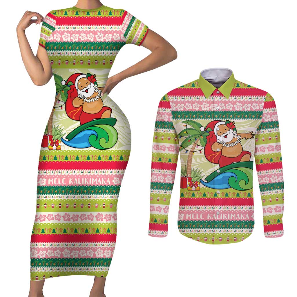 Mele Kalikimaka Hawaii Christmas Couples Matching Short Sleeve Bodycon Dress and Long Sleeve Button Shirt Surfing Santa with Polynesian Tribal LT9 Green - Polynesian Pride