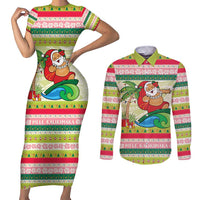Mele Kalikimaka Hawaii Christmas Couples Matching Short Sleeve Bodycon Dress and Long Sleeve Button Shirt Surfing Santa with Polynesian Tribal LT9 Green - Polynesian Pride