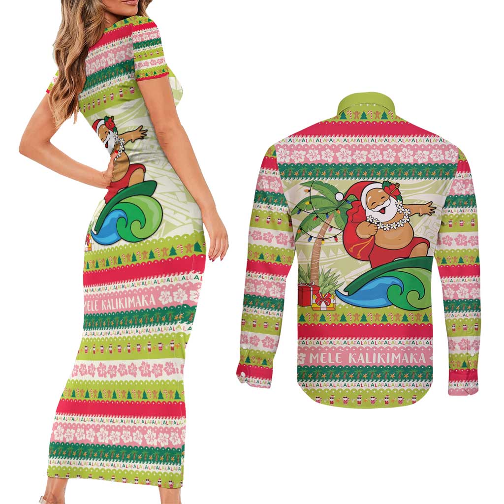 Mele Kalikimaka Hawaii Christmas Couples Matching Short Sleeve Bodycon Dress and Long Sleeve Button Shirt Surfing Santa with Polynesian Tribal LT9 - Polynesian Pride