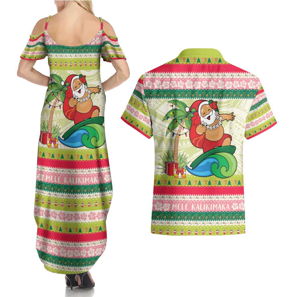 Mele Kalikimaka Hawaii Christmas Couples Matching Summer Maxi Dress and Hawaiian Shirt Surfing Santa with Polynesian Tribal LT9 - Polynesian Pride
