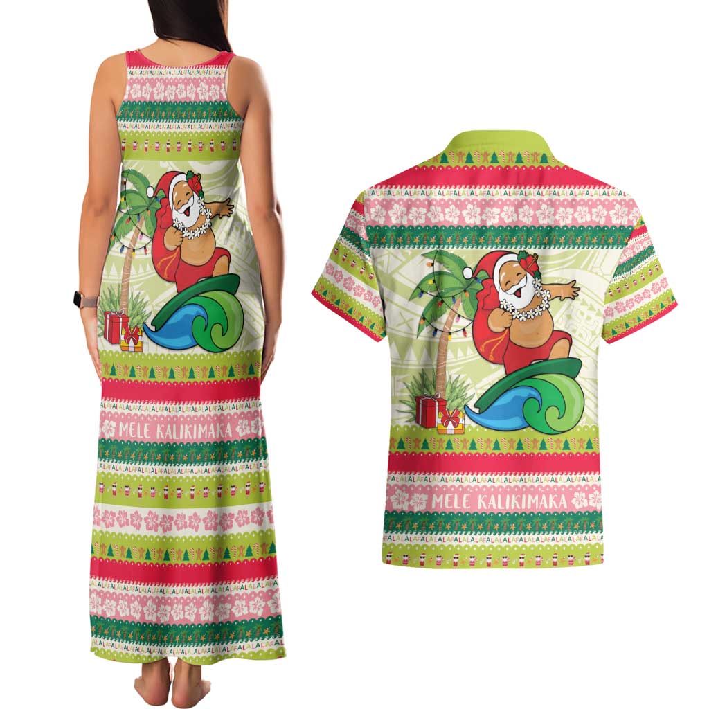 Mele Kalikimaka Hawaii Christmas Couples Matching Tank Maxi Dress and Hawaiian Shirt Surfing Santa with Polynesian Tribal LT9 - Polynesian Pride