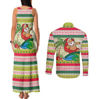 Mele Kalikimaka Hawaii Christmas Couples Matching Tank Maxi Dress and Long Sleeve Button Shirt Surfing Santa with Polynesian Tribal LT9 - Polynesian Pride