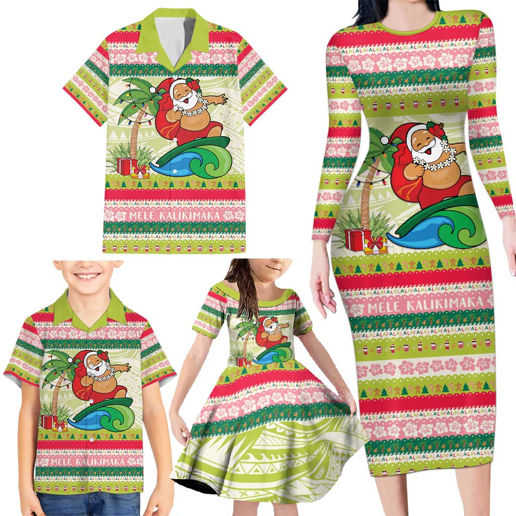 Mele Kalikimaka Hawaii Christmas Family Matching Long Sleeve Bodycon Dress and Hawaiian Shirt Surfing Santa with Polynesian Tribal LT9 - Polynesian Pride