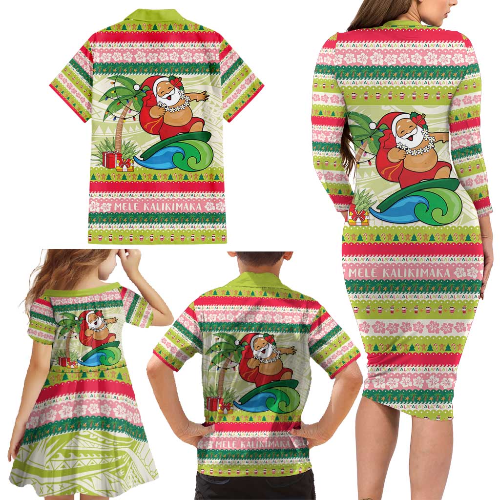 Mele Kalikimaka Hawaii Christmas Family Matching Long Sleeve Bodycon Dress and Hawaiian Shirt Surfing Santa with Polynesian Tribal LT9 - Polynesian Pride
