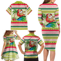 Mele Kalikimaka Hawaii Christmas Family Matching Long Sleeve Bodycon Dress and Hawaiian Shirt Surfing Santa with Polynesian Tribal LT9 - Polynesian Pride