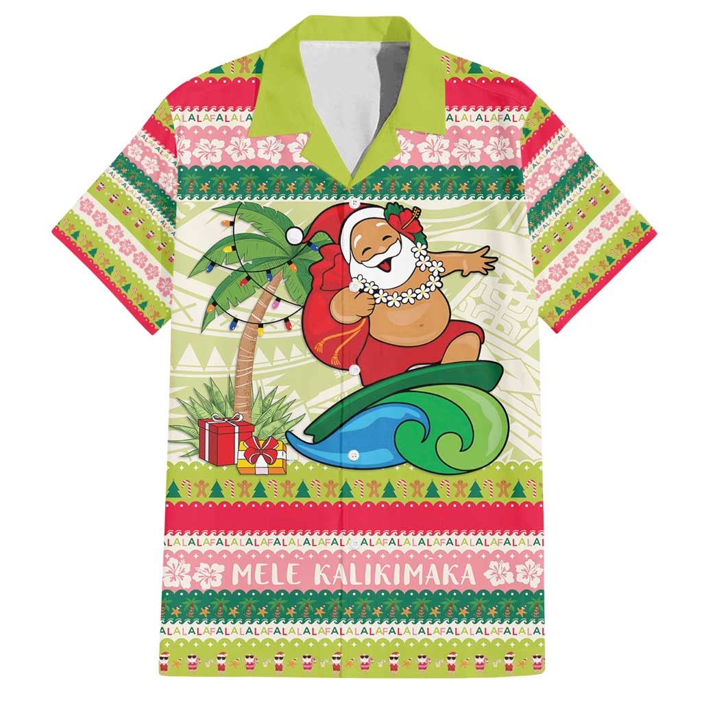 Mele Kalikimaka Hawaii Christmas Family Matching Long Sleeve Bodycon Dress and Hawaiian Shirt Surfing Santa with Polynesian Tribal LT9 Dad's Shirt - Short Sleeve Green - Polynesian Pride