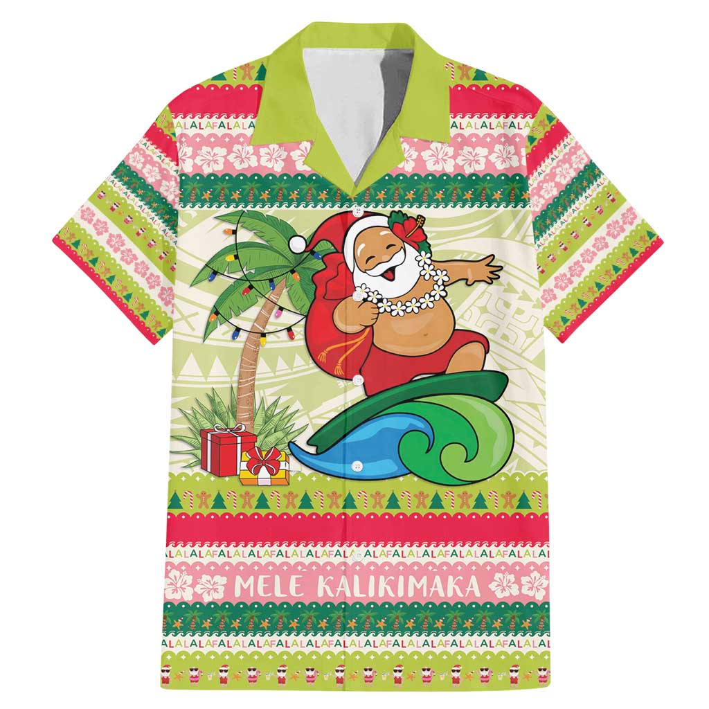 Mele Kalikimaka Hawaii Christmas Family Matching Mermaid Dress and Hawaiian Shirt Surfing Santa with Polynesian Tribal LT9 Dad's Shirt - Short Sleeve Green - Polynesian Pride