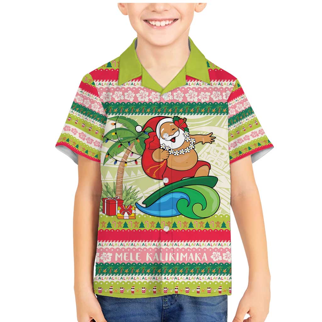 Mele Kalikimaka Hawaii Christmas Family Matching Mermaid Dress and Hawaiian Shirt Surfing Santa with Polynesian Tribal LT9 Son's Shirt Green - Polynesian Pride