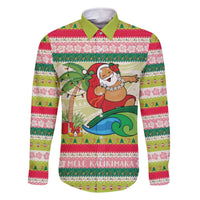 Mele Kalikimaka Hawaii Christmas Family Matching Off The Shoulder Long Sleeve Dress and Hawaiian Shirt Surfing Santa with Polynesian Tribal LT9 Dad's Shirt - Long Sleeve Green - Polynesian Pride