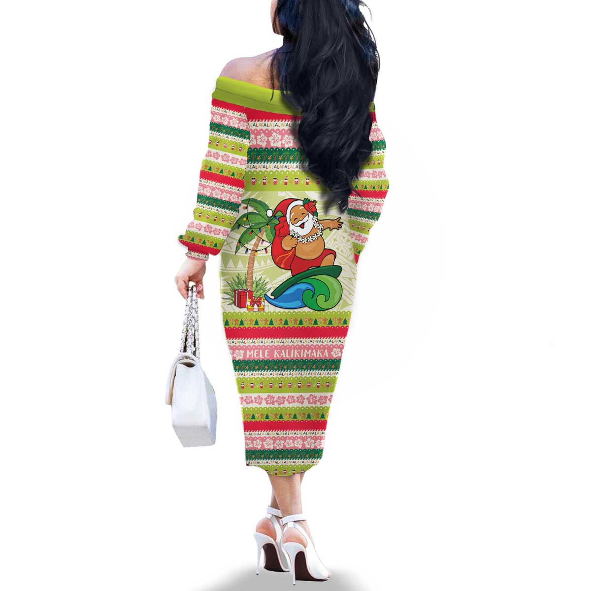 Mele Kalikimaka Hawaii Christmas Family Matching Off The Shoulder Long Sleeve Dress and Hawaiian Shirt Surfing Santa with Polynesian Tribal LT9 - Polynesian Pride