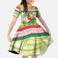 Mele Kalikimaka Hawaii Christmas Family Matching Off Shoulder Maxi Dress and Hawaiian Shirt Surfing Santa with Polynesian Tribal LT9 Daughter's Dress Green - Polynesian Pride