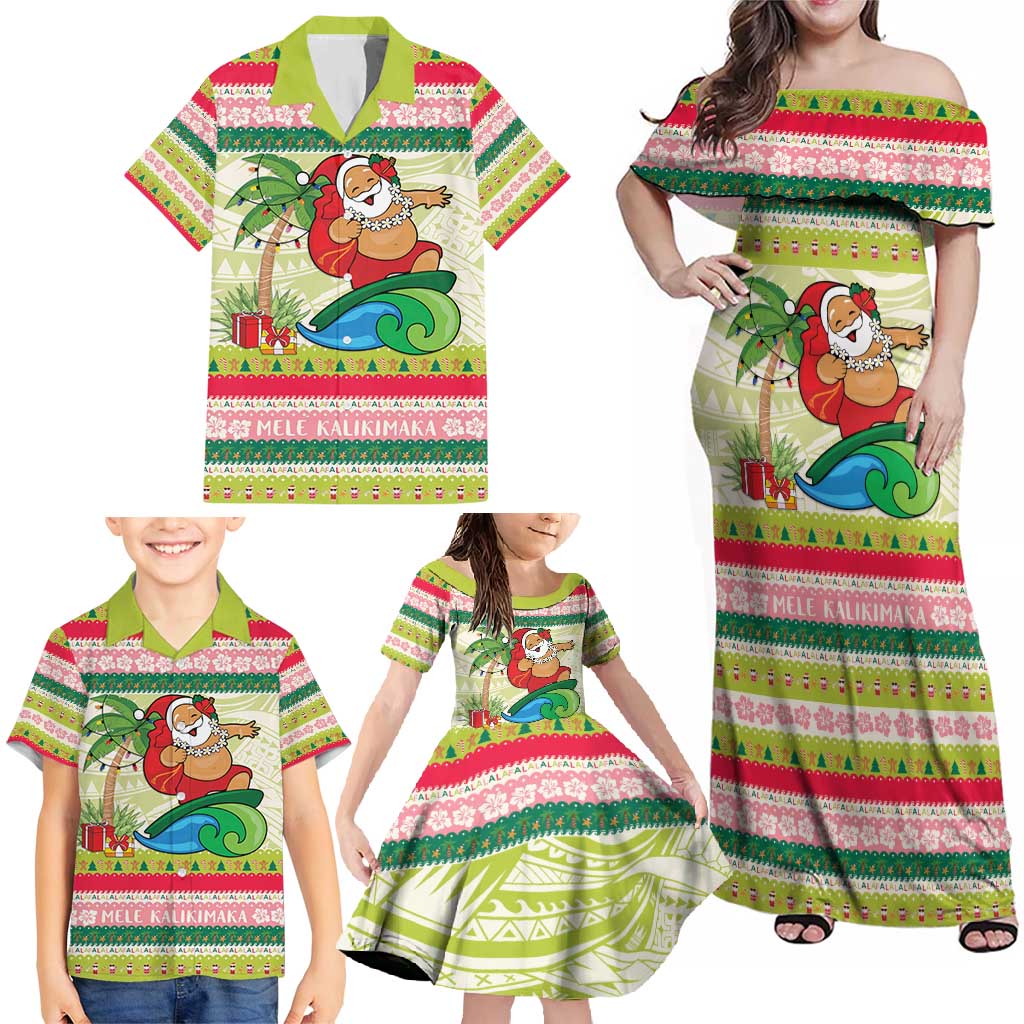Mele Kalikimaka Hawaii Christmas Family Matching Off Shoulder Maxi Dress and Hawaiian Shirt Surfing Santa with Polynesian Tribal LT9 - Polynesian Pride