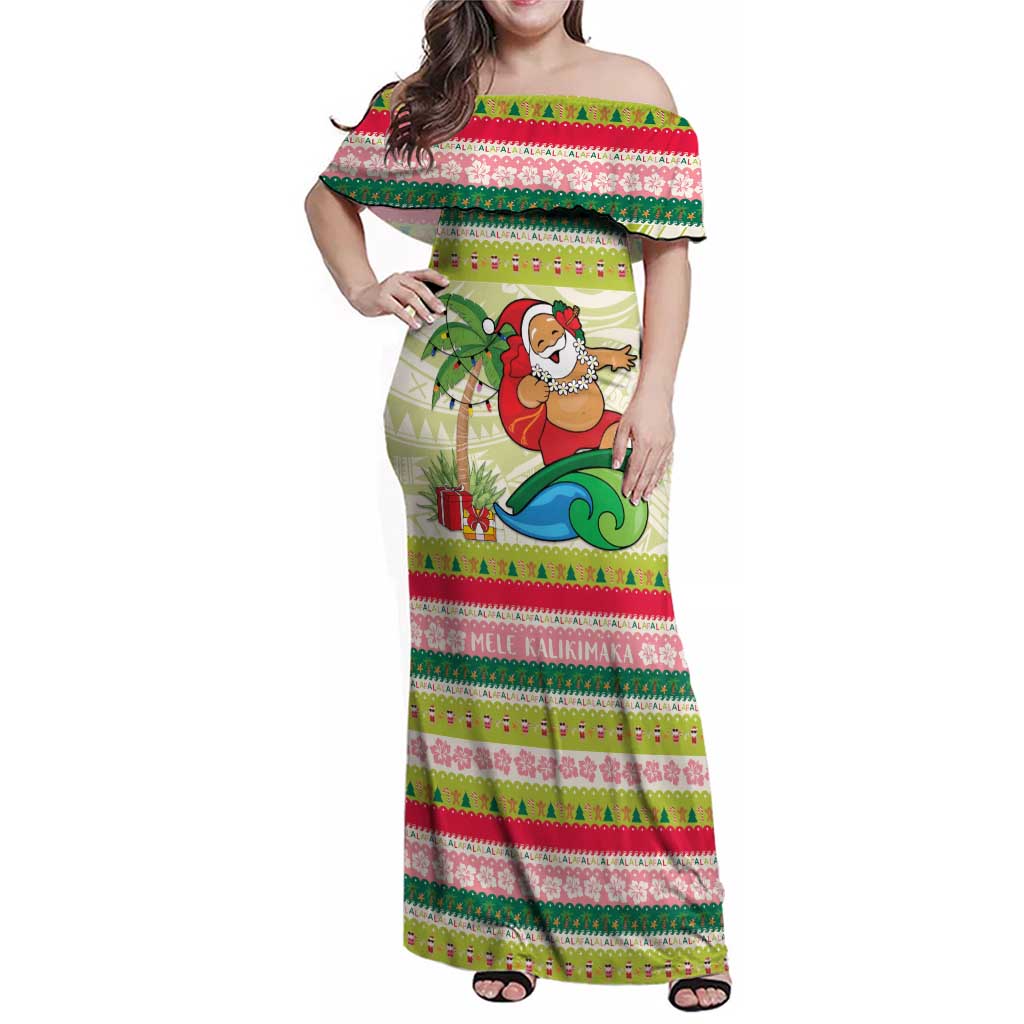 Mele Kalikimaka Hawaii Christmas Family Matching Off Shoulder Maxi Dress and Hawaiian Shirt Surfing Santa with Polynesian Tribal LT9 Mom's Dress Green - Polynesian Pride