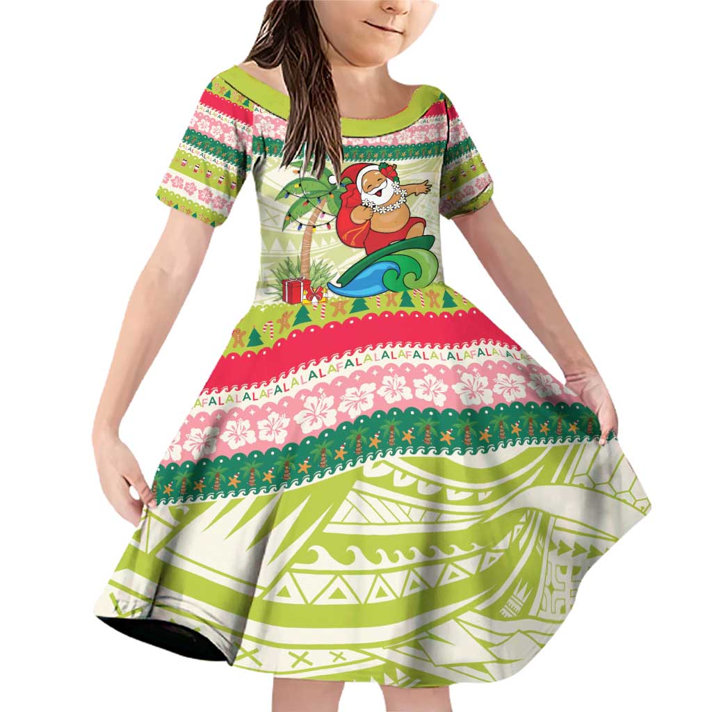 Mele Kalikimaka Hawaii Christmas Family Matching Off Shoulder Short Dress and Hawaiian Shirt Surfing Santa with Polynesian Tribal LT9 Daughter's Dress Green - Polynesian Pride