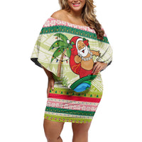 Mele Kalikimaka Hawaii Christmas Family Matching Off Shoulder Short Dress and Hawaiian Shirt Surfing Santa with Polynesian Tribal LT9 Mom's Dress Green - Polynesian Pride