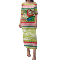 Mele Kalikimaka Hawaii Christmas Family Matching Puletasi and Hawaiian Shirt Surfing Santa with Polynesian Tribal LT9 Mom's Dress Green - Polynesian Pride