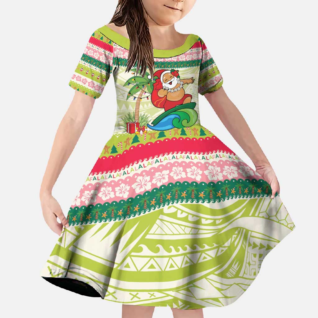 Mele Kalikimaka Hawaii Christmas Family Matching Short Sleeve Bodycon Dress and Hawaiian Shirt Surfing Santa with Polynesian Tribal LT9 Daughter's Dress Green - Polynesian Pride